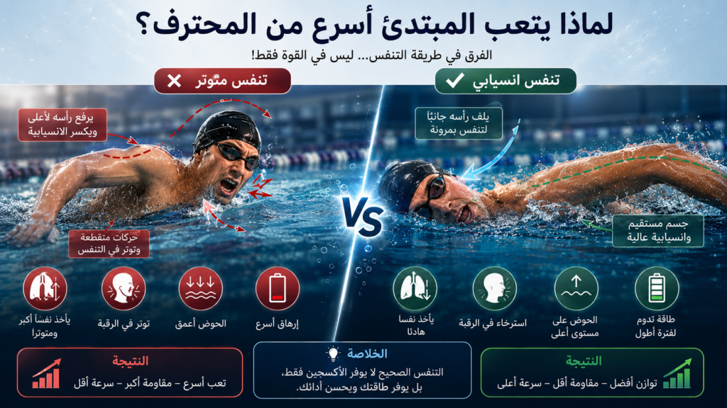 أنفوغرافيك احترافي يقارن بين تنفس السباح المبتدئ والمحترف في سباحة الكرول ويوضح كيف يؤدي التنفس المتوتر إلى التعب السريع وزيادة مقاومة الماء