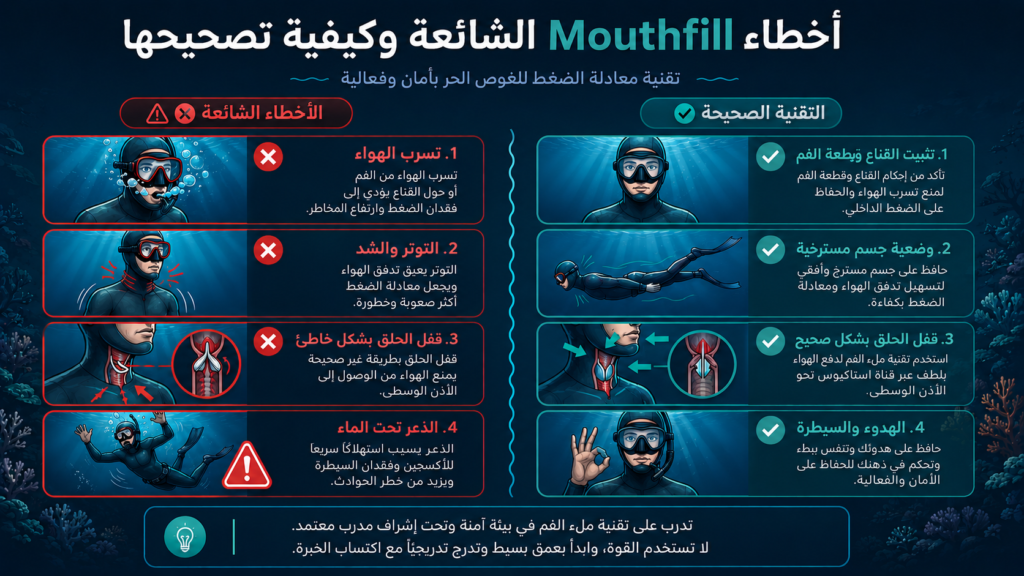 أنفوغرافيك احترافي يوضح أخطاء تقنية Mouthfill الشائعة وكيفية تصحيحها في الغوص الحر مع مقارنة بصرية بين الممارسات الخاطئة والتقنيات الصحيحة