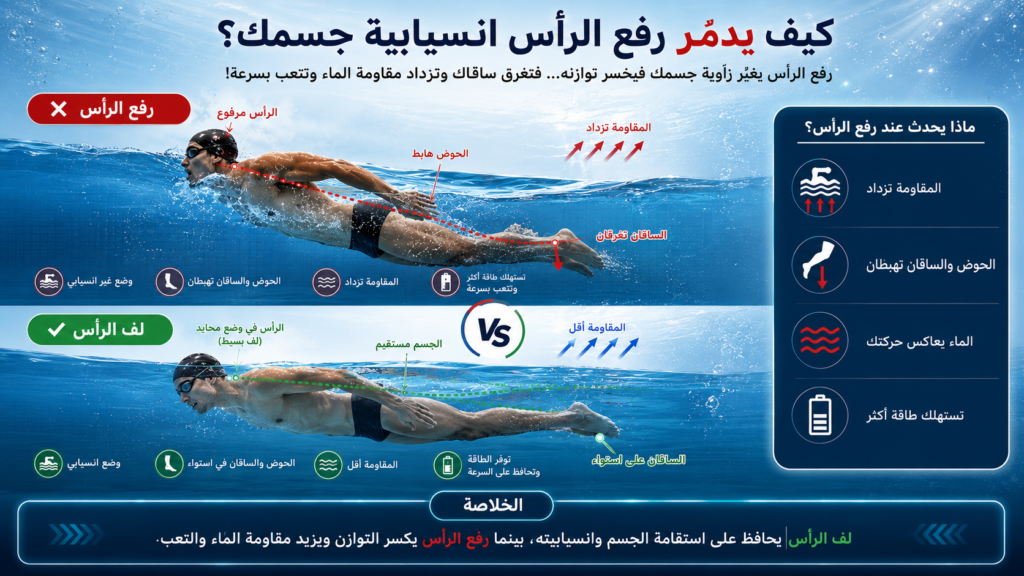 أنفوغرافيك احترافي يوضح كيف يؤدي رفع الرأس أثناء سباحة الكرول إلى غرق الساقين وزيادة مقاومة الماء والتعب السريع مقارنة بالوضعية الصحيحة الانسيابية