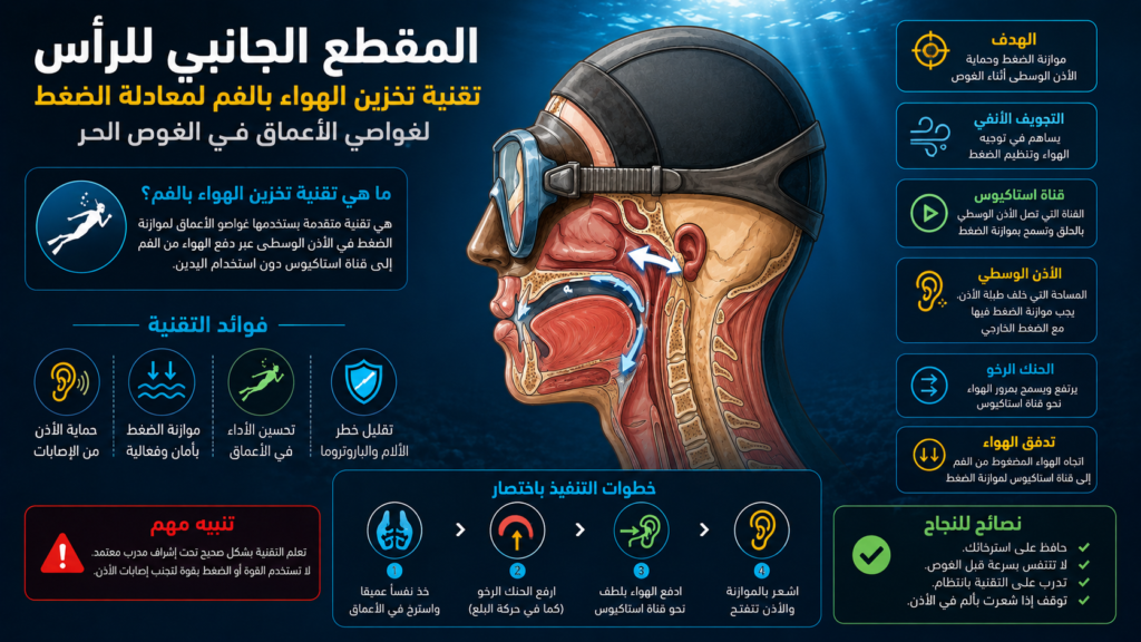 أنفوغرافيك تشريحي احترافي يشرح تقنية Mouthfill لمعادلة الضغط في الغوص الحر مع توضيح قناة استاكيوس ومسار الهواء داخل الرأس