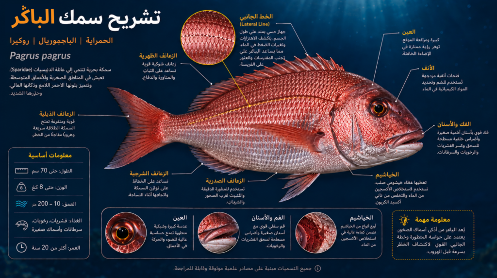 أنفوغرافيك تشريحي علمي لسمك الباڭر (الحمراية) يوضح الخط الجانبي، العين، الفك القوي، الخياشيم، والزعانف مع شرح تفصيلي لأهم الخصائص البيولوجية والسلوكية.