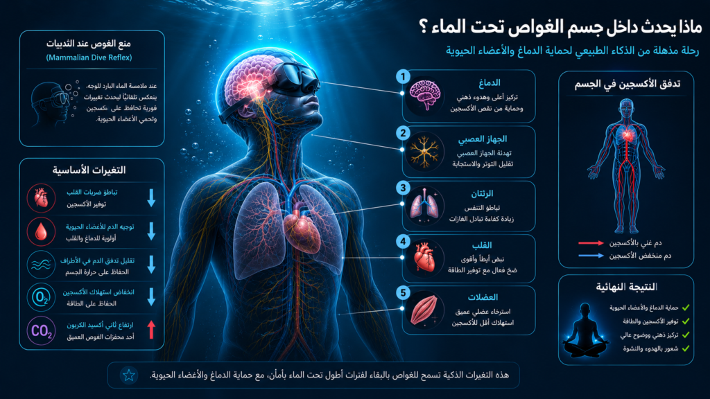 أنفوغرافيك تشريحي يوضح ما يحدث داخل جسم الغواص الحر تحت الماء وتأثير الغوص على الدماغ والقلب والجهاز العصبي