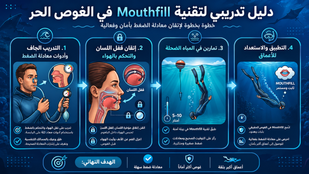 أنفوغرافيك عربي احترافي يشرح مراحل تعلم تقنية Mouthfill في الغوص الحر خطوة بخطوة من التدريب الجاف حتى تطبيقها في الأعماق