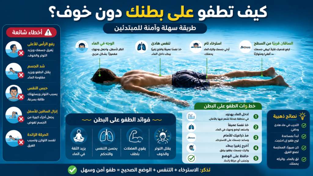 أنفوغرافيك عربي يشرح الطريقة الصحيحة للطفو على البطن داخل الماء مع نصائح التنفس والاسترخاء وأخطاء المبتدئين الشائعة