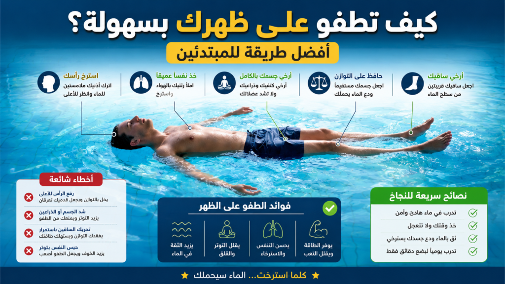 أنفوغرافيك عربي يشرح الطريقة الصحيحة للطفو على الظهر داخل المسبح مع توضيح وضعية الرأس والتنفس وتوازن الجسم للمبتدئين