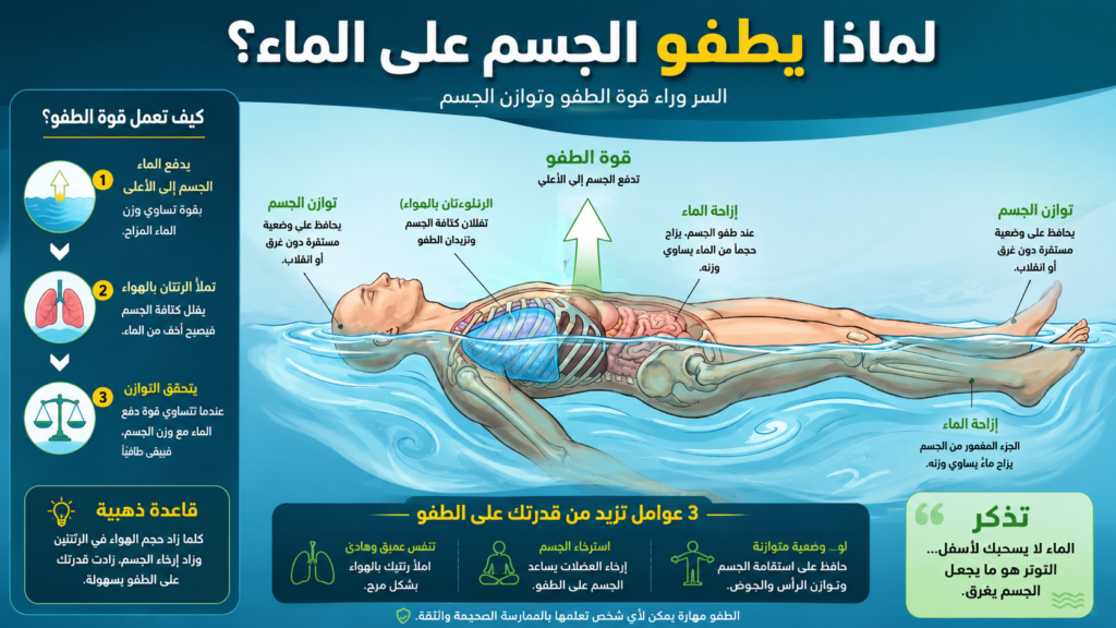 أنفوغرافيك عربي يشرح علميًا لماذا يطفو جسم الإنسان على الماء مع توضيح دور الرئتين وقوة الطفو وتوازن الجسم داخل الماء