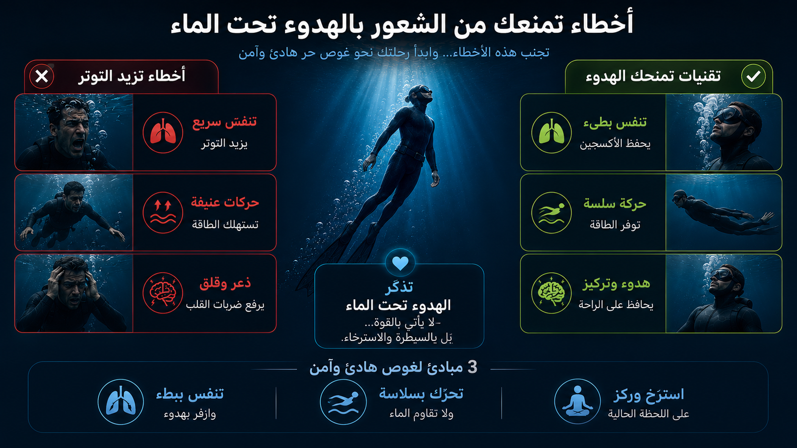 أنفوغرافيك عربي يوضح الأخطاء التي تمنع الغواص الحر من الشعور بالهدوء تحت الماء مقابل التقنيات الصحيحة للاسترخاء والتركيز أثناء الغوص