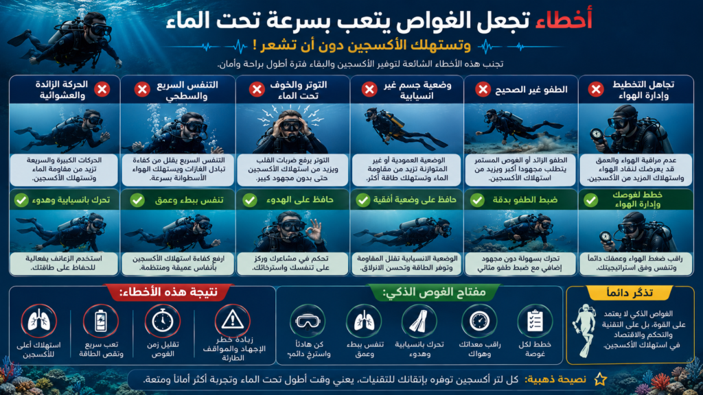 أنفوغرافيك عربي يوضح الأخطاء الشائعة التي تجعل الغواص يستهلك الأكسجين بسرعة تحت الماء مثل التوتر والتنفس السريع وضعف الطفوية