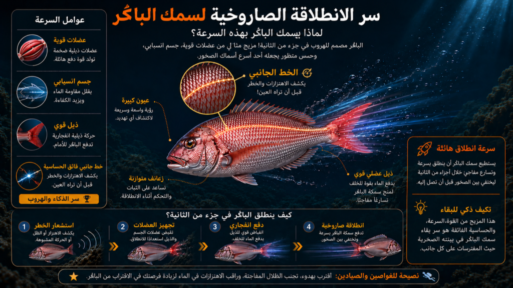 أنفوغرافيك علمي يشرح سر الانطلاقة الصاروخية لسمك الباڭر، موضحًا دور الخط الجانبي والعضلات القوية والذيل الانفجاري في اكتشاف الخطر والهروب بسرعة بين الصخور.