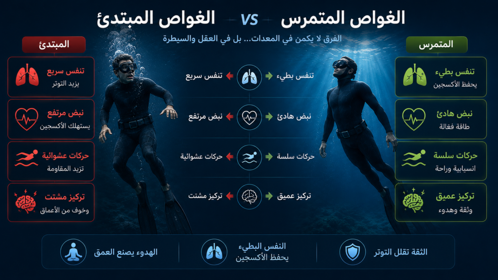 أنفوغرافيك يقارن بين الغواص الحر المبتدئ والغواص المتمرس من حيث التنفس والتركيز والهدوء واستهلاك الأكسجين تحت الماء