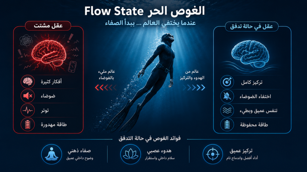 أنفوغرافيك يوضح الفرق بين العقل المشتت وحالة التدفق الذهني أثناء الغوص الحر من خلال مقارنة بصرية بين التوتر والهدوء تحت الماء