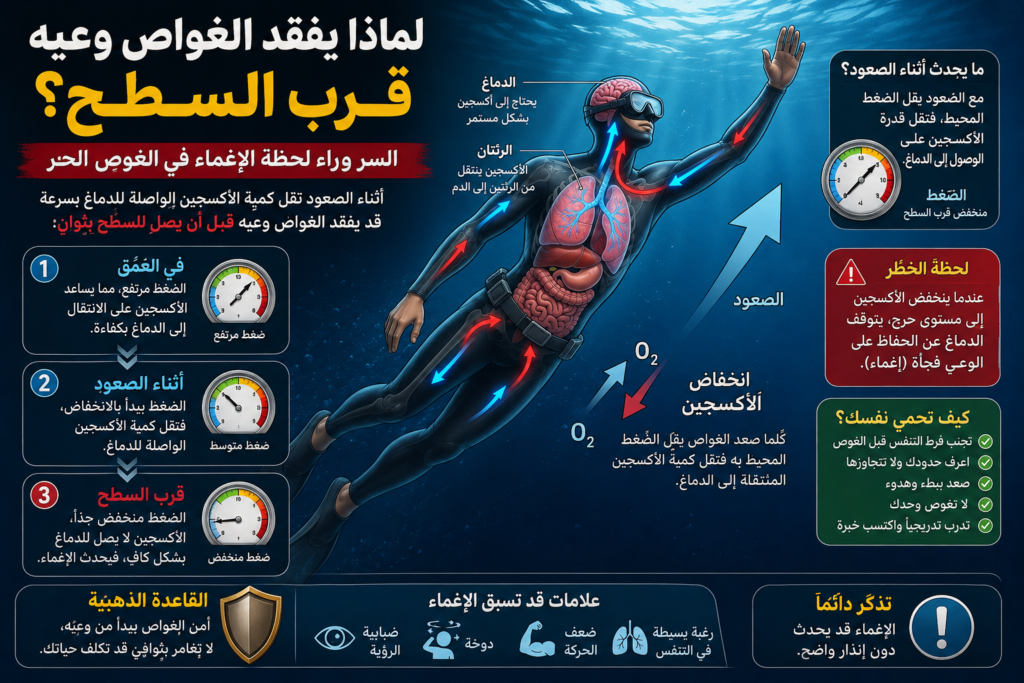 "إنفوجرافيك تشريحي يشرح لماذا يفقد الغواص وعيه قرب السطح بسبب انخفاض الأكسجين أثناء الصعود في الغوص الحر"