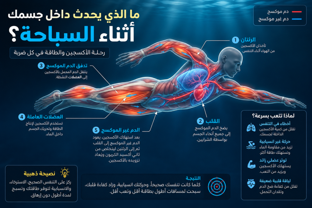 إنفوجرافيك تشريحي يوضح كيف يستهلك جسم السباح الأكسجين والطاقة أثناء السباحة وتأثير التنفس على التحمل داخل الماء