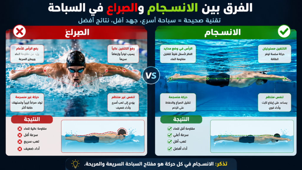 إنفوجرافيك يوضح الفرق بين السباحة بعنف والانسيابية داخل الماء وتأثير الوضعية الصحيحة على تقليل التعب وزيادة الكفاءة