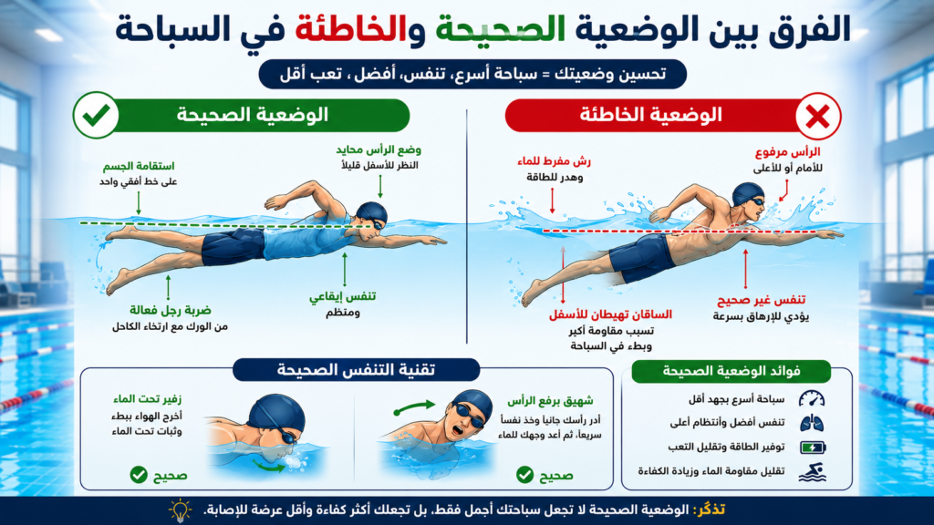 إنفوجرافيك يوضح الفرق بين وضعية السباحة الصحيحة والخاطئة وتأثير التنفس ووضعية الجسم على سرعة التعب داخل الماء