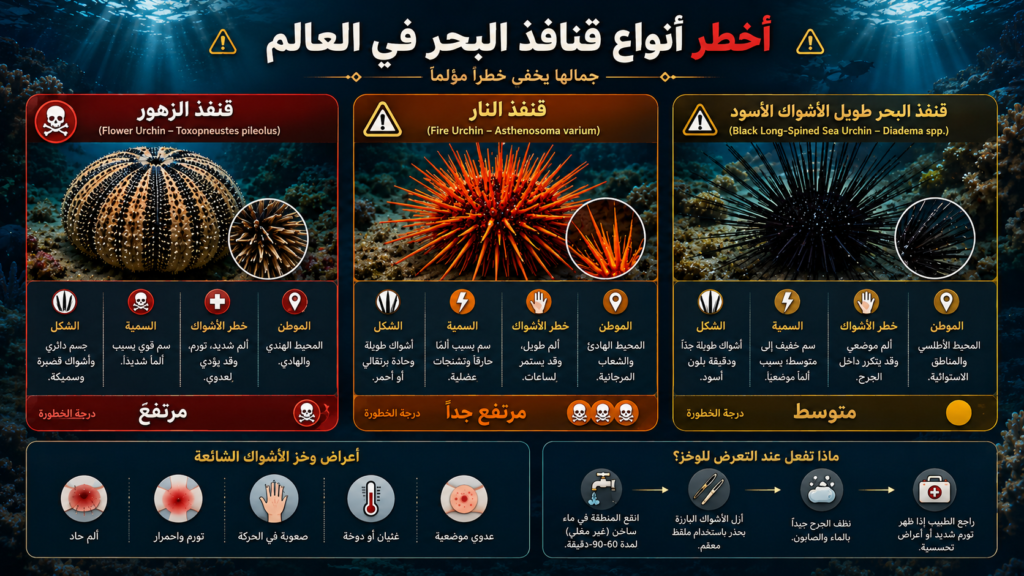 إنفوغرافيك احترافي يقارن أخطر أنواع قنافذ البحر السامة في العالم ويكشف درجة خطورتها وأعراض الإصابة بأشواكها الحادة