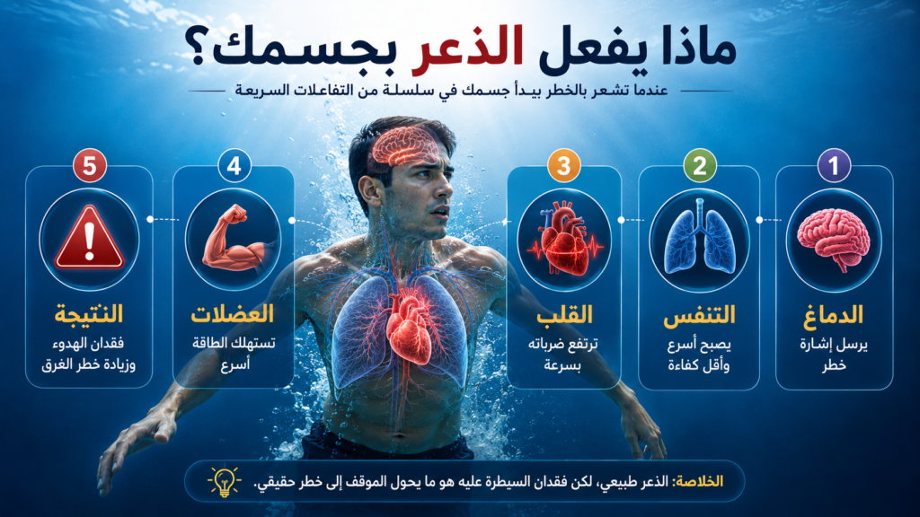 إنفوغرافيك تشريحي يوضح تأثير الذعر على الدماغ والتنفس والقلب والعضلات أثناء السباحة، وكيف يمكن أن يزيد فقدان الهدوء من خطر الغرق.