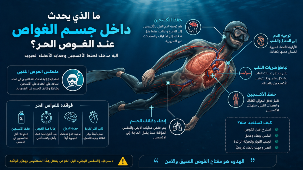 إنفوغرافيك تشريحي يوضح ماذا يحدث داخل جسم الغواص أثناء الغوص الحر وكيف يحافظ الجسم على الأكسجين ويبطئ نبضات القلب