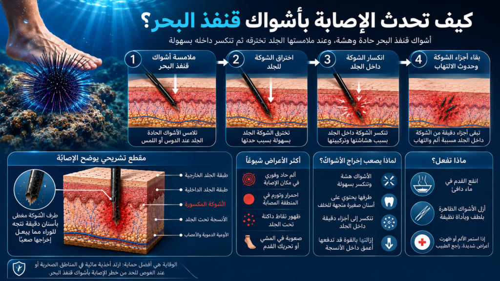إنفوغرافيك طبي احترافي يوضح كيف تخترق أشواك قنفذ البحر الجلد البشري ولماذا تسبب إصابات مؤلمة للغواصين والسباحين تحت الماء
