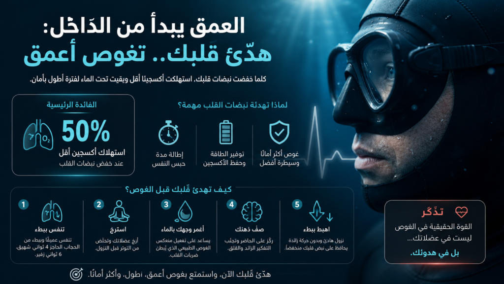 إنفوغرافيك عربي يشرح كيف يساعد خفض نبضات القلب على تقليل استهلاك الأكسجين وإطالة مدة الغوص الحر بأمان