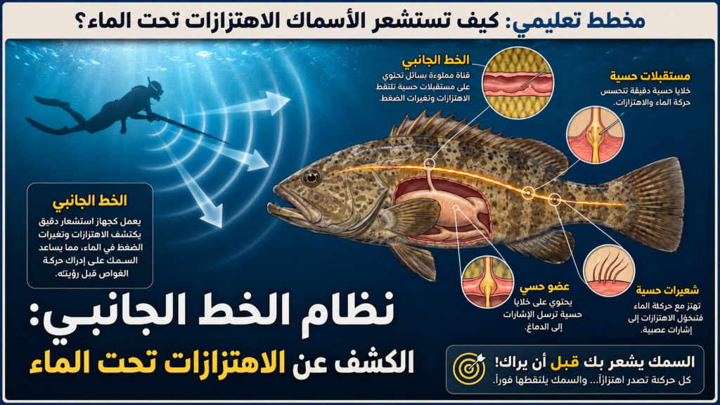 إنفوغرافيك علمي يوضح كيف تستشعر الأسماك اهتزازات الماء عبر نظام الخط الجانبي وتكشف حركة الغواص تحت الماء