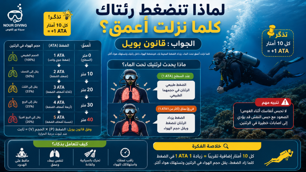 إنفوغرافيك يشرح قانون بويل في الغوص وتأثير العمق على الضغط وحجم الهواء داخل الرئتين، مع مقارنة بين مستويات الضغط من 0 إلى 40 مترًا وكيف يؤدي ازدياد العمق إلى زيادة استهلاك الهواء وانضغاط الغازات تحت الماء.
