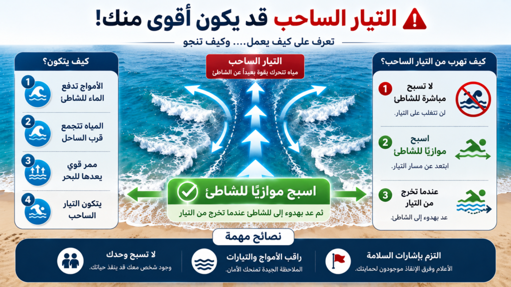 إنفوغرافيك يشرح كيفية تشكل التيارات الساحبة في البحر، ويوضح الطريقة الصحيحة للنجاة منها عبر السباحة بمحاذاة الشاطئ بدلًا من مقاومة التيار مباشرة.