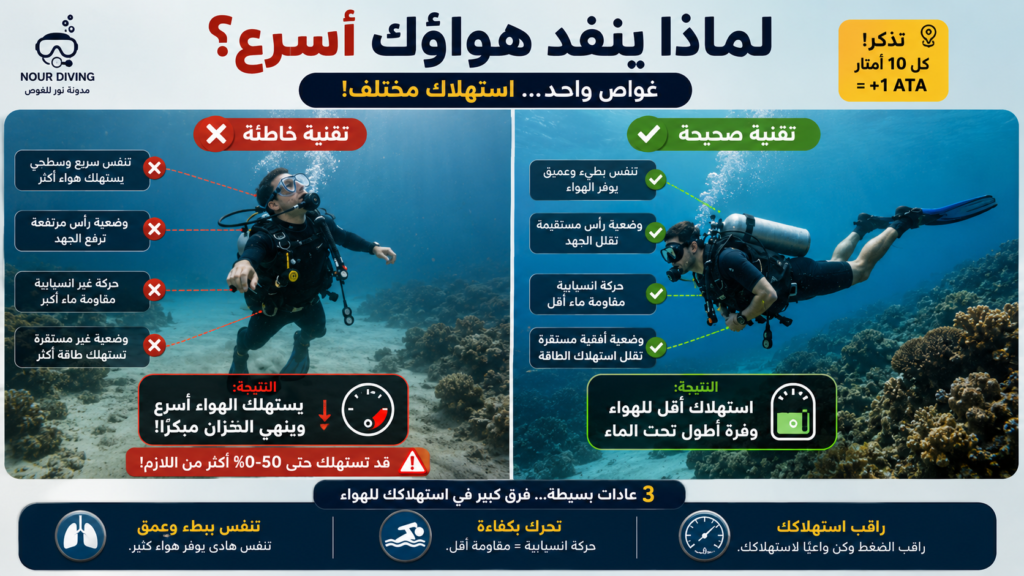 إنفوغرافيك يقارن بين التقنية الصحيحة والخاطئة أثناء الغوص بالأسطوانات، موضحًا كيف يؤثر التنفس، ووضعية الجسم، وكفاءة الحركة على استهلاك الهواء ومدة البقاء تحت الماء.