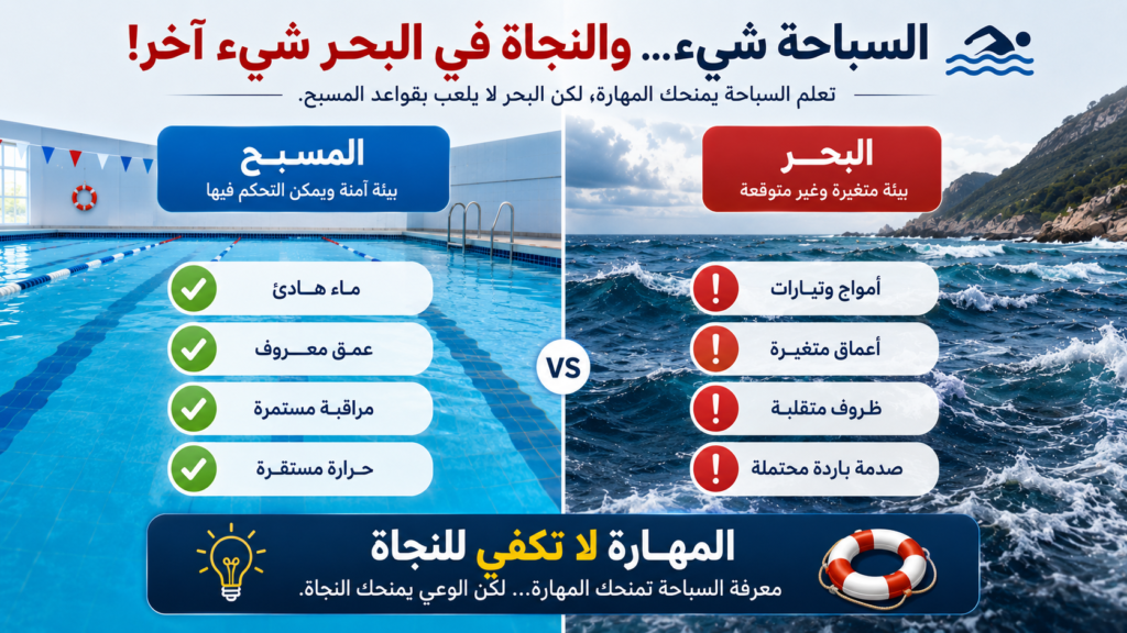 إنفوغرافيك يقارن بين السباحة في المسبح والسباحة في البحر، موضحًا الفروق بين البيئة الآمنة والمتحكم بها في المسابح والتحديات الطبيعية التي تواجه السباحين في المياه المفتوحة.