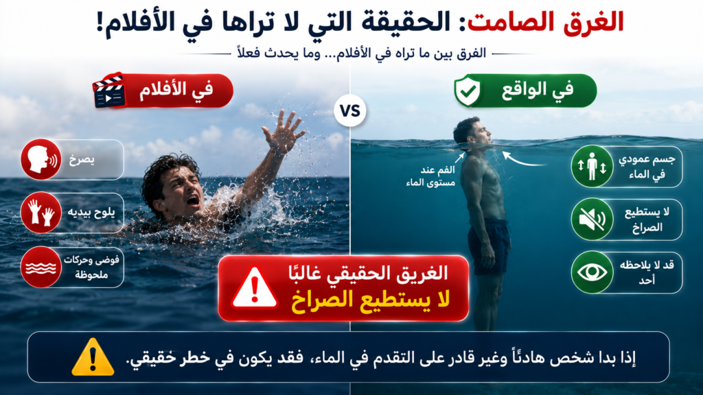 إنفوغرافيك يقارن بين الغرق في الأفلام والغرق الصامت في الواقع، موضحًا أن الغريق الحقيقي غالبًا لا يستطيع الصراخ أو طلب المساعدة ويبدو هادئًا ظاهريًا رغم وجوده في خطر.