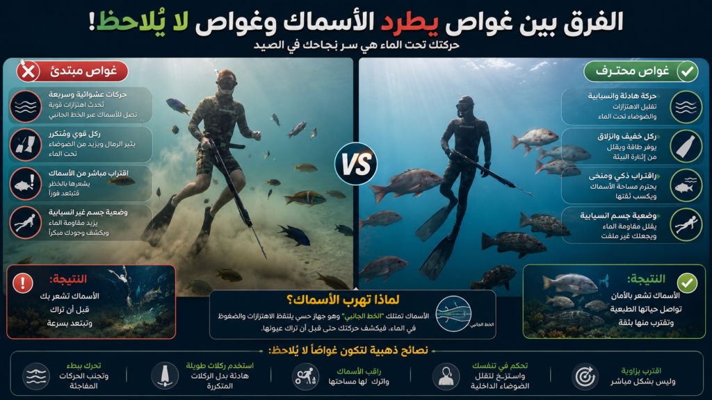 إنفوغرافيك يقارن بين غواص مبتدئ يطرد الأسماك بحركات عشوائية وغواص محترف يقترب من السمك بهدوء وانسيابية تحت الماء