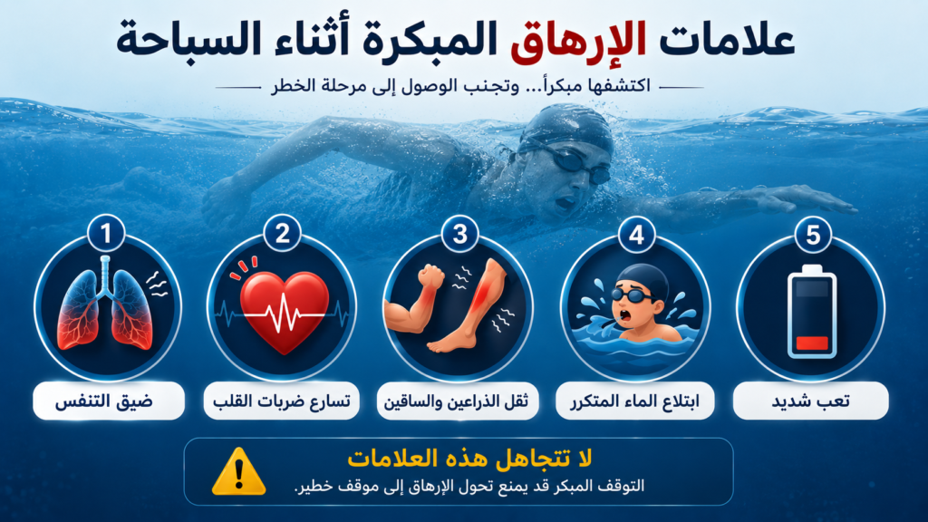 إنفوغرافيك يوضح العلامات المبكرة للإرهاق أثناء السباحة، مثل ضيق التنفس وتسارع ضربات القلب وثقل الأطراف، مع تنبيه إلى أهمية التوقف قبل تطور الموقف إلى خطر حقيقي.