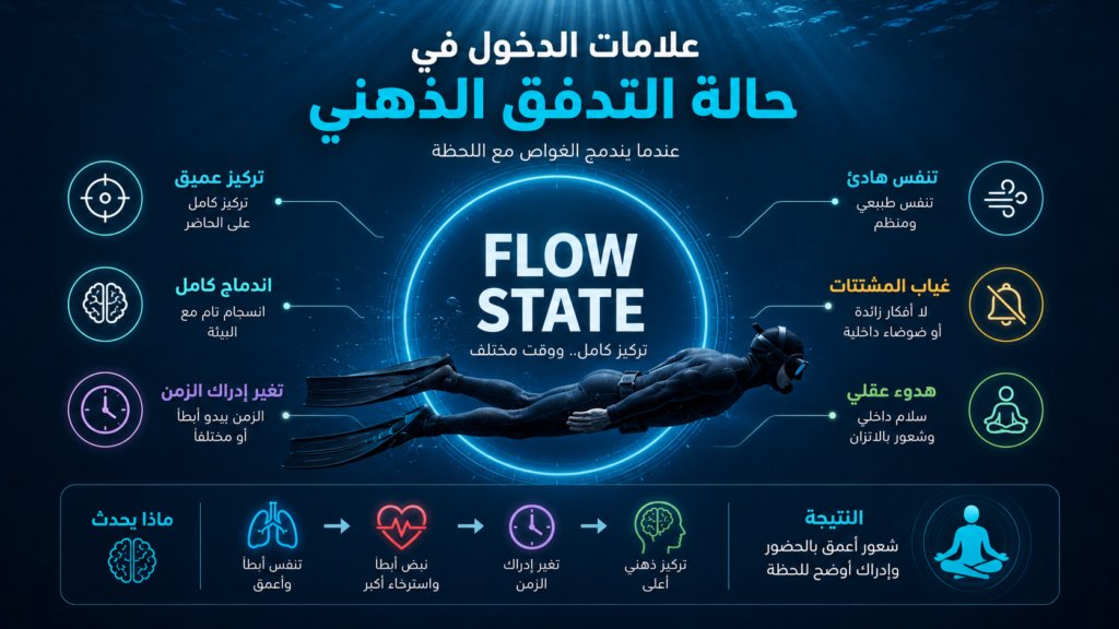 إنفوغرافيك يوضح علامات الدخول في حالة التدفق الذهني (Flow State) أثناء الغوص الحر، وكيف يؤثر التركيز العميق والهدوء النفسي في إدراك الزمن تحت الماء.