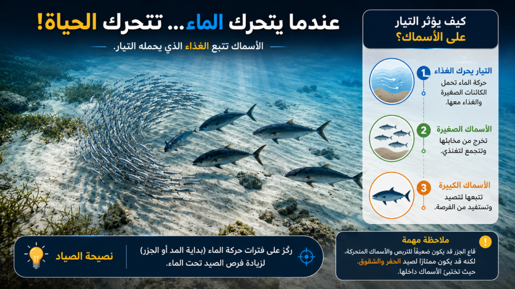 إنفوغرافيك يوضح كيف تؤثر حركة الماء والتيارات البحرية على نشاط الأسماك، حيث تتحرك الكائنات الصغيرة مع التيار، فتتجمع الأسماك الصغيرة للتغذية، ثم تتبعها الأسماك المفترسة الأكبر، مما يزيد فرص الصيد تحت الماء خلال فترات المد والجزر.