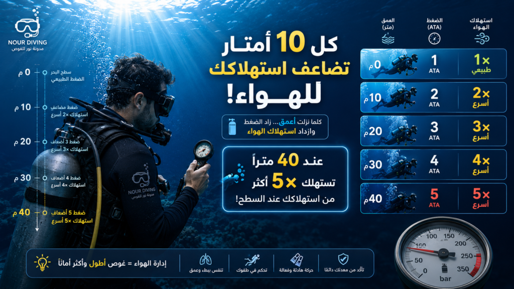 إنفوغرافيك يوضح كيف يزداد استهلاك الهواء أثناء الغوص مع العمق، مع مقارنة بين الضغط (ATA) واستهلاك الهواء من 0 إلى 40 مترًا باستخدام أمثلة وحسابات مبسطة للغواصين.