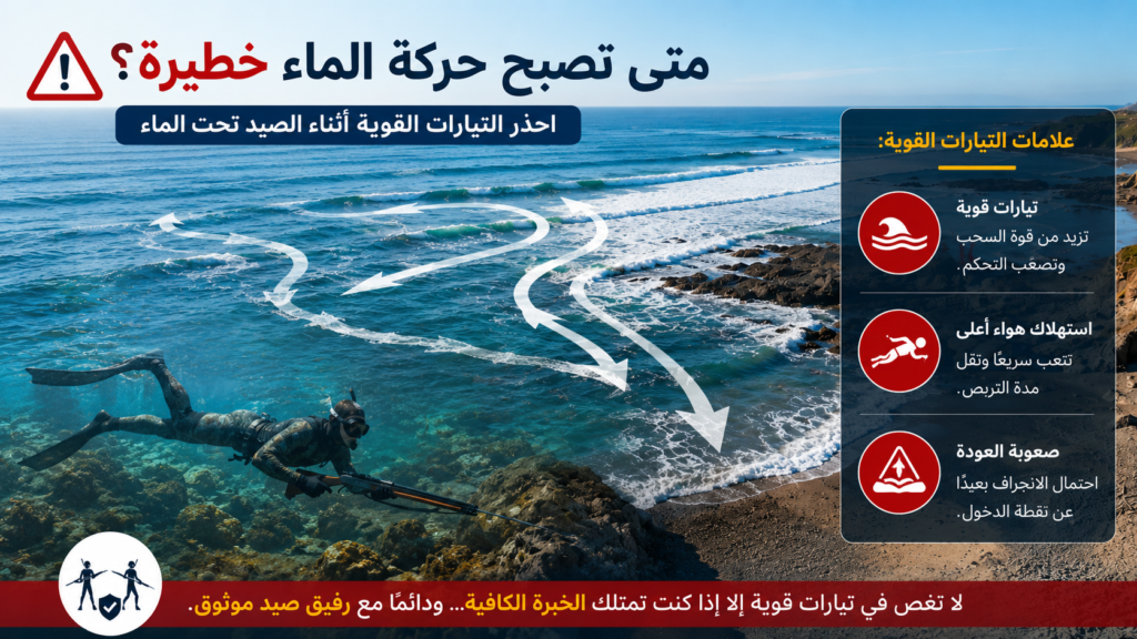 إنفوغرافيك يوضح مخاطر الصيد تحت الماء في التيارات البحرية القوية، مع شرح علامات التيارات الخطرة وتأثيرها على استهلاك الهواء وصعوبة العودة إلى نقطة الدخول، ويظهر صياد تحت الماء قرب الساحل أثناء وجود تيارات قوية.