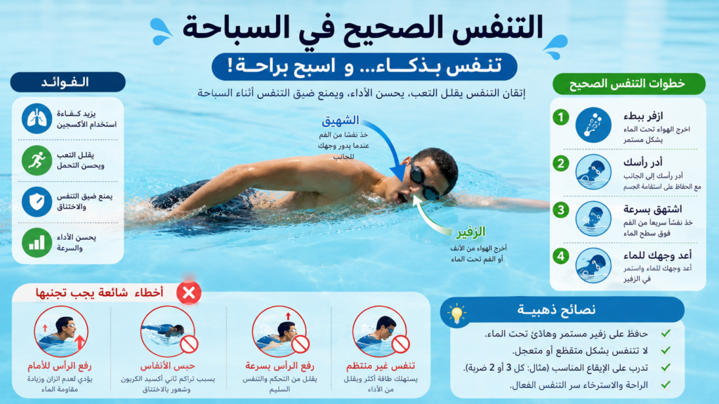 إنفوجرافيك عربي يشرح الطريقة الصحيحة للتنفس أثناء السباحة مع توضيح الشهيق والزفير والأخطاء الشائعة التي تسبب ضيق التنفس والتعب داخل الماء.
