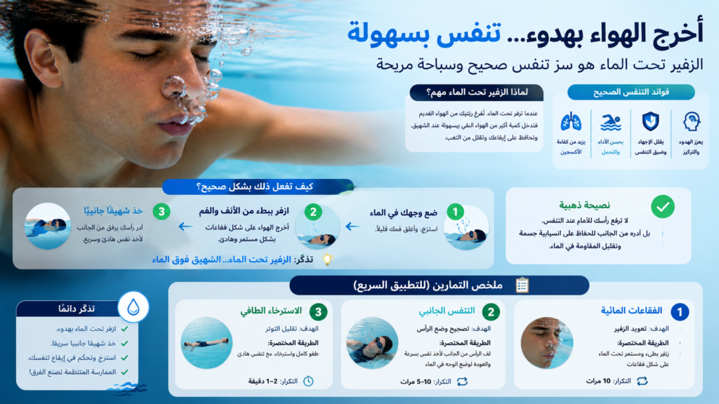 إنفوجرافيك عربي يشرح تمارين التنفس الأساسية للسباحين مثل تمرين الفقاعات المائية والتنفس الجانبي والاسترخاء الطافي لتحسين التحكم في النفس وتقليل ضيق التنفس داخل الماء.