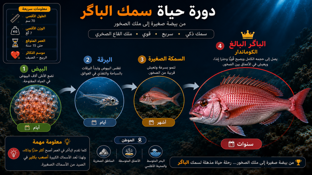 أنفوغرافيك يوضح دورة حياة سمك الباڭر من مرحلة البيض واليرقات إلى السمكة البالغة (الكوماندار)، مع شرح مبسط لمراحل النمو والتكاثر وموطنه الصخري في البحر المتوسط والمحيط الأطلسي.