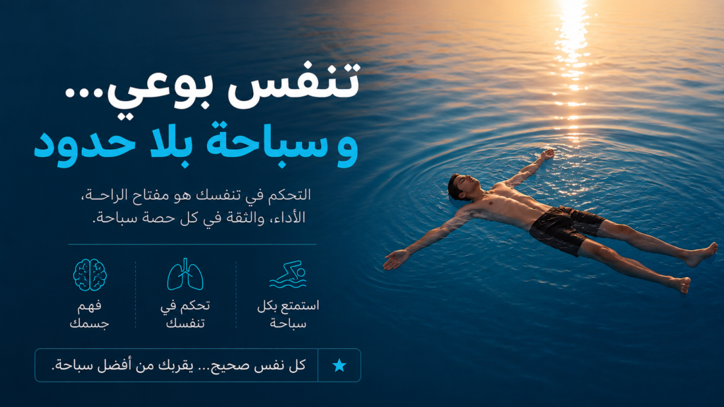 صورة ختامية سينمائية لرجل يطفو بهدوء فوق الماء وقت الغروب مع رسالة تحفيزية عن التحكم في التنفس والسباحة براحة وثقة.