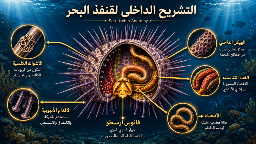 رسم تشريحي احترافي لقنفذ البحر يوضح البنية الداخلية والأشواك الكلسية وفانوس أرسطو داخل مشهد بحري وثائقي عالي الدقة