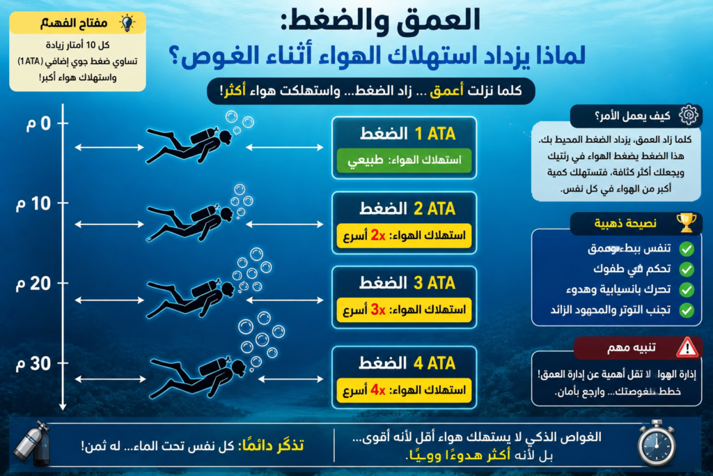 رسم توضيحي يبين زيادة استهلاك الهواء مع العمق أثناء الغوص