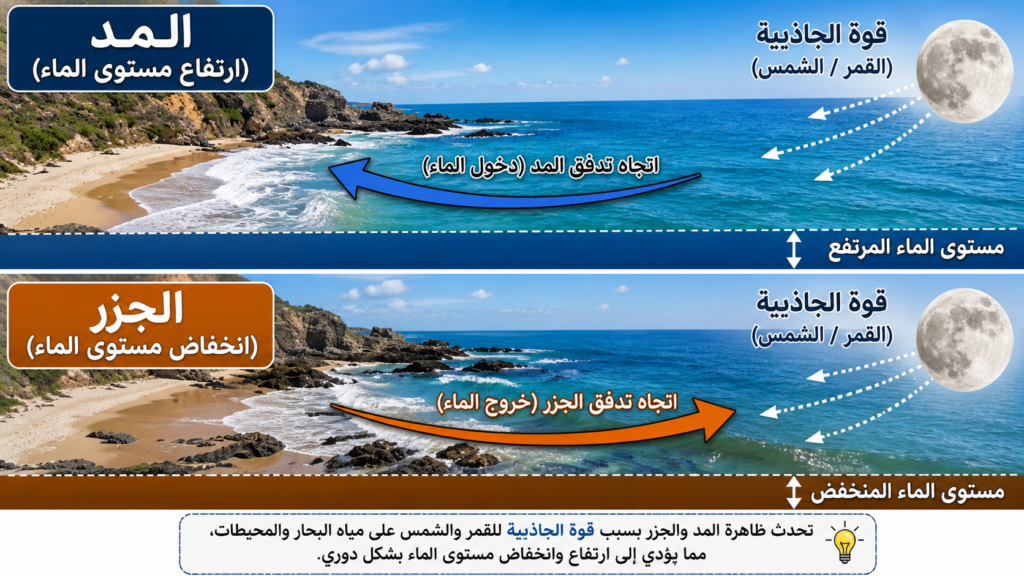 رسم توضيحي يشرح الفرق بين المد والجزر واتجاه حركة الماء وتأثير الجاذبية على مستوى البحر