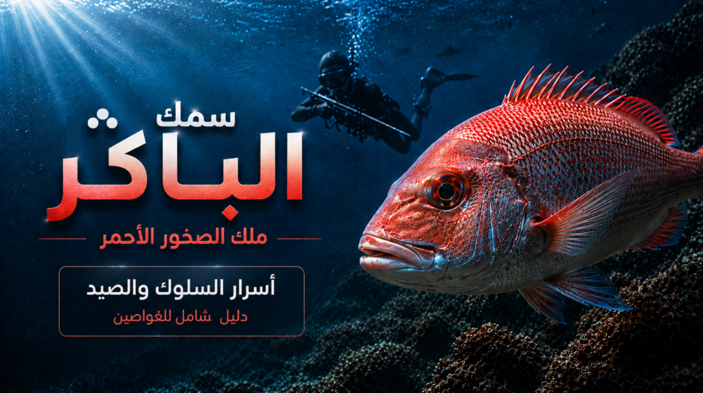 سمك الباڭر (روكيرا / الباجورويال / البندر / الحمراية) الضخم يواجه غواصًا تحت الماء بين الصخور في مشهد سينمائي يوثق أسرار الصيد والسلوك في الأعماق