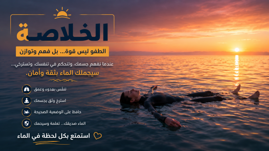 مشهد سينمائي هادئ لشخص يطفو بثقة فوق سطح البحر وقت الغروب مع أجواء مريحة تعبر عن التوازن والاسترخاء داخل الماء