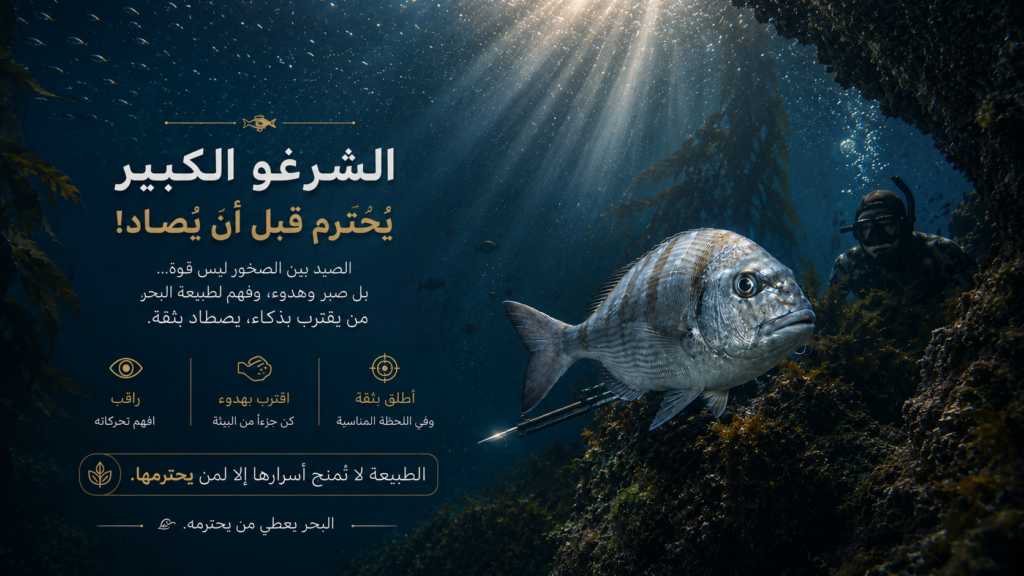 مشهد سينمائي تحت الماء يظهر شرغو كبير يراقب غواصًا بين الصخور البحرية مع رسالة بصرية عن الصبر واحترام البحر في الصيد تحت الماء
