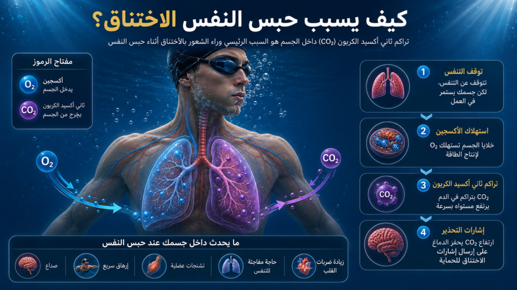 صورة تشريحية تعليمية توضح كيف يؤدي حبس النفس أثناء السباحة إلى تراكم ثاني أكسيد الكربون داخل الجسم والشعور السريع بالاختناق والتعب