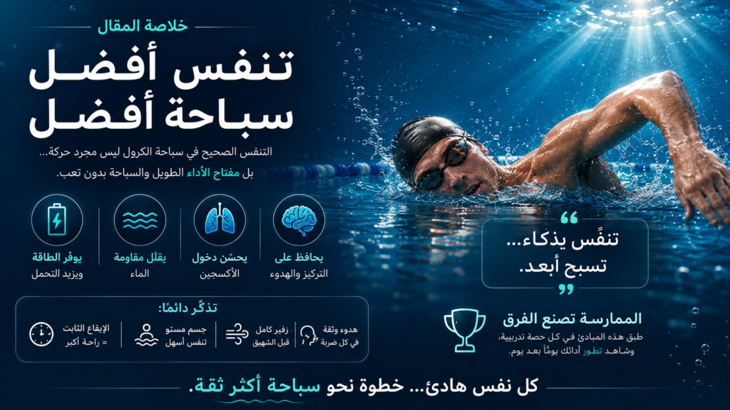 صورة خاتمة سينمائية لسباح كرول يتنفس بهدوء داخل الماء مع رسالة تحفيزية حول التحكم في التنفس وتقليل التعب أثناء السباحة