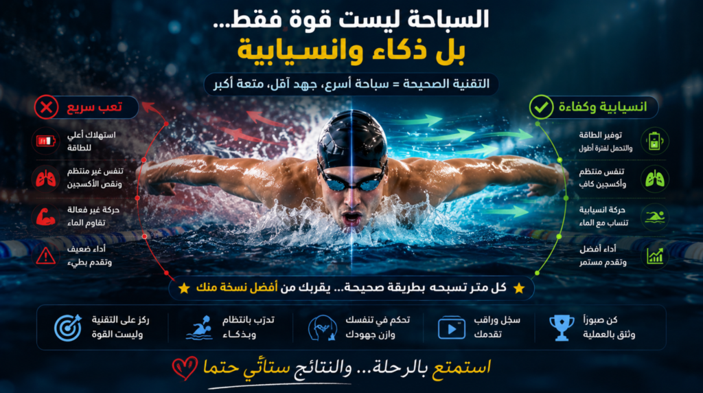 صورة ختامية ملهمة تشرح أن السباحة تعتمد على الانسيابية والتنفس الصحيح أكثر من القوة العضلية فقط
