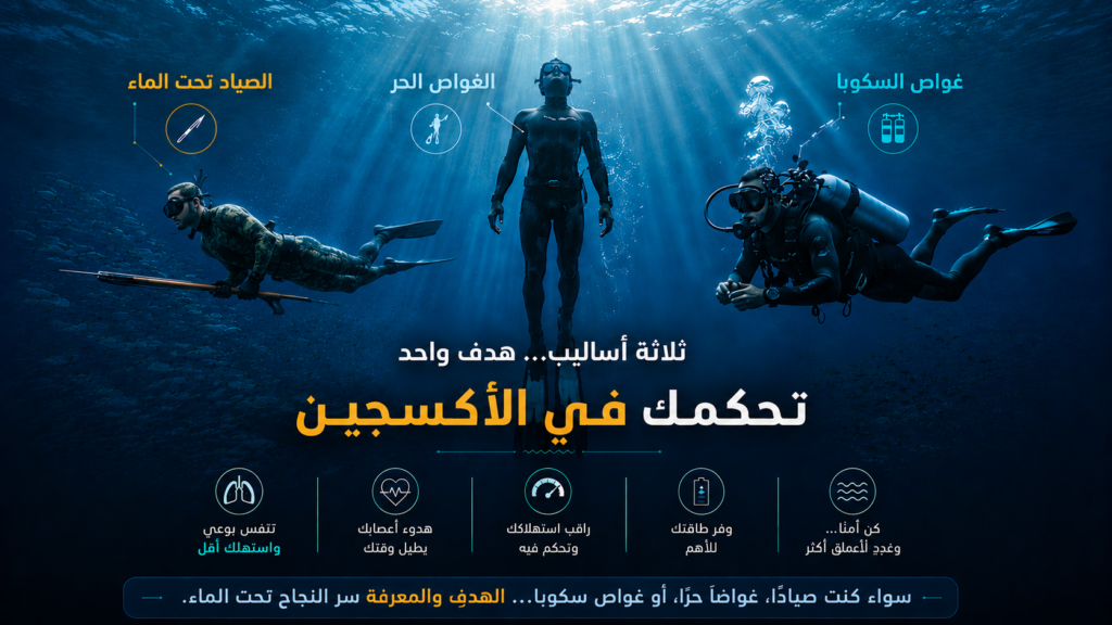 صورة سينمائية تحت الماء تجمع صيادًا تحت الماء وغواصًا حرًا وغواص سكوبا في مشهد احترافي يشرح أهمية التحكم في الأكسجين أثناء الغوص